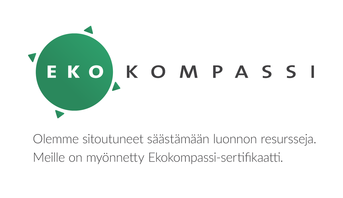 Ekokompassi – olemme sitoutuneet säästämään luonnon resursseja. Meille on myönnetty Ekokompassi-sertifikaatti.